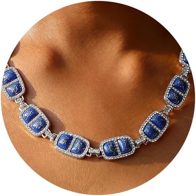 Chunky Necklace for Women 12 Colors Diamond Stone Gold Statement Necklace for Women Full Trendy Blue Birthstone Choker Necklace for Women Square Design Necklace Jewelry