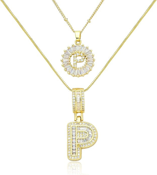 14K Gold Plated Initial Letter Pendant Necklace, Cubic Zirconia Crystal, Copper Chain