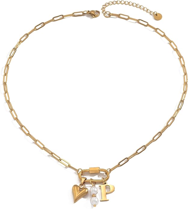Gold Heart Initial Necklaces for Women 18K Gold Plated Dainty Pearl Letter Necklace Personalized Monogram Name A-Z Pendant Everyday Jewelry for Women