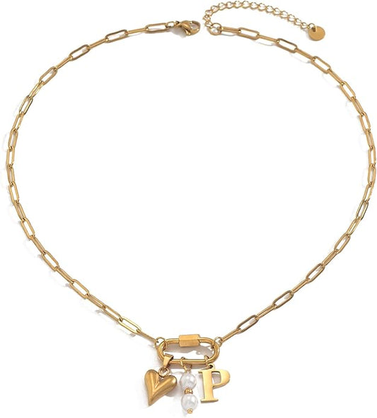 Gold Heart Initial Necklaces for Women 18K Gold Plated Dainty Pearl Letter Necklace Personalized Monogram Name A-Z Pendant Everyday Jewelry for Women