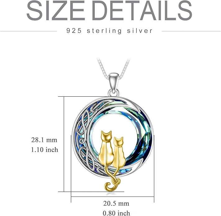 TOUPOP Christmas Cat Gifts for Cats Lovers One Two Three Four Cats Necklace Sterling Silver Cats on the Moon Pendant Necklace with Blue Circle Crystal Birthday Christmas Celtic Jewelry Gifts for Women