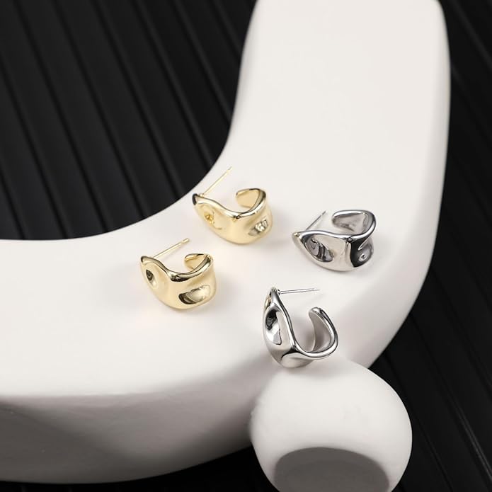 MIDEEO Gold/Sliver Chunky Hoop Earrings Set for Women, 14K Gold Plated Twisted Huggie Hoop Earring Hypoallergenic Thick Open Lightweight Chunky Hoop Earrings Jewelry for Gifts