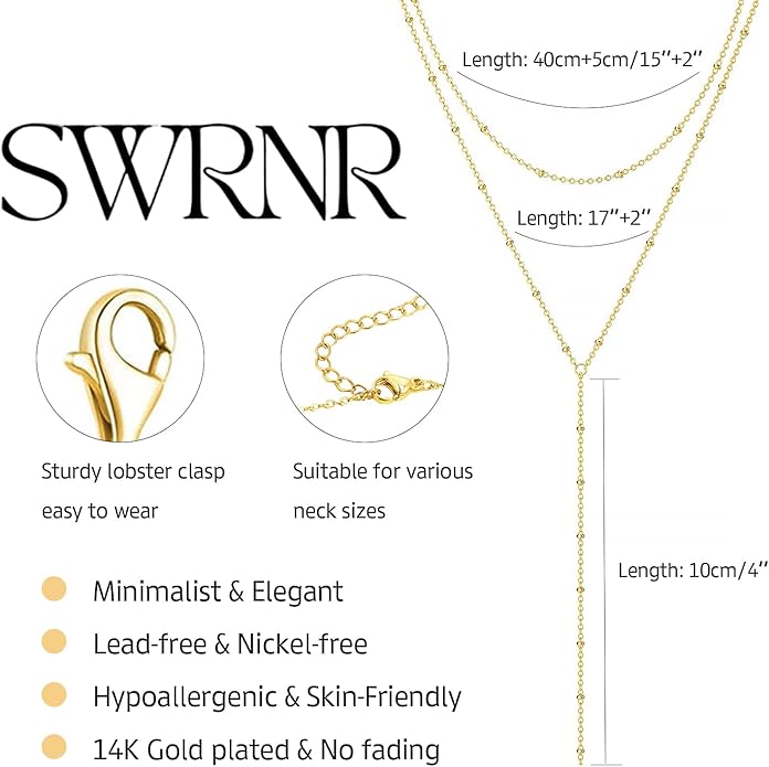 Lariat Necklace for Women, Dainty 14K Gold/Silver Plated Long Necklaces for Women Trendy Simple Layered Y-Shaped Drop Pendant Necklace Adjustable Gold Jewelry Gifts For Her Christmas Stocking Stuffer