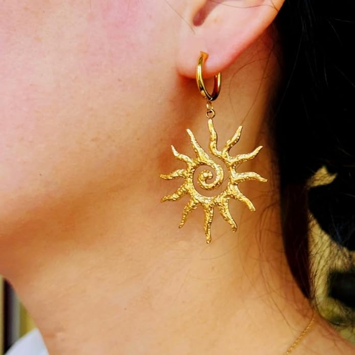Sunburst Heart Dangle Hoop Earrings, 18K Gold Plated hypoallergenic Stainless Steel Cute Jewelry for Women daily Wear