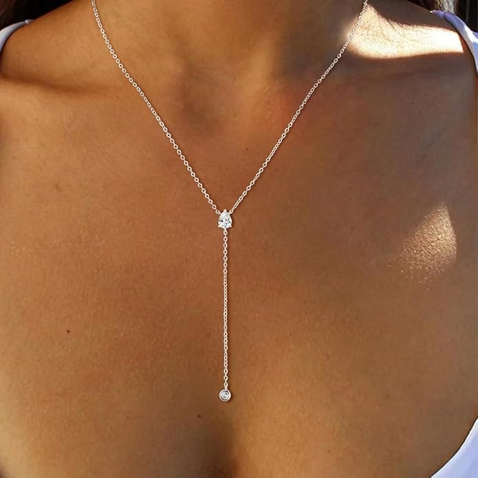 Lariat Necklace for Women, Dainty Long Necklaces, 14k Gold/Silver Plated Y-Shaped Drop Chain Necklace, Simple Layered Necklaces, Trendy Jewelry Gifts for Her