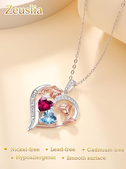 Zeuslia Double Birthstone Necklace Gifts for Wife - 925 Sterling Silver Sunflower/Rose/Crown Cross/Compass/Heart Pendant I Love You Necklace, Anniversary Birthday Gifts for Wife Girlfriend Mom Her