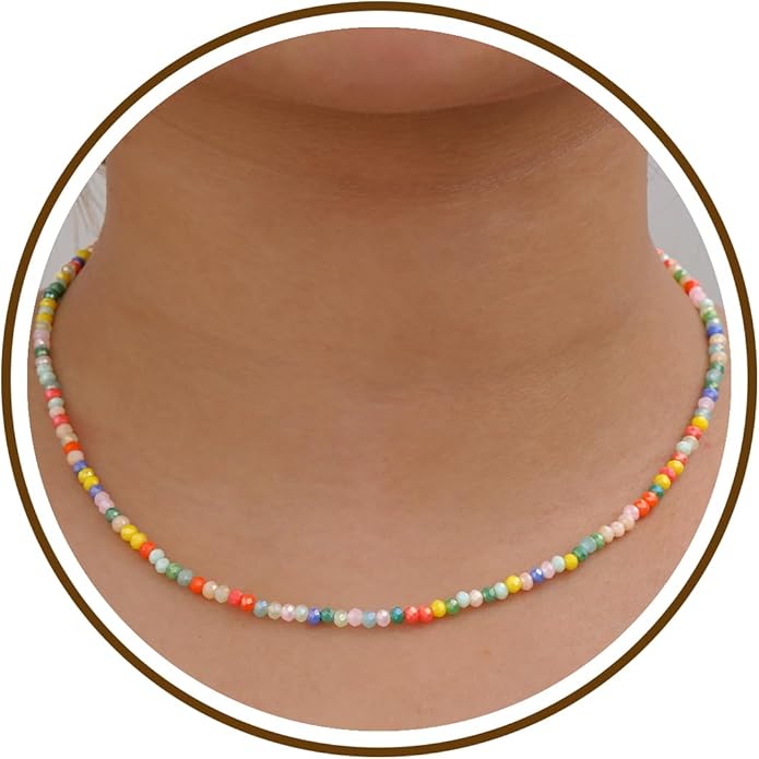 JSJOY Tiny Crystal Beaded Choker Necklaces for Women Colorful Beaded Necklace Dainty Choker Necklaces Simple Boho Jewelry Gifts for Teens Handmade Bead Necklaces Gifts