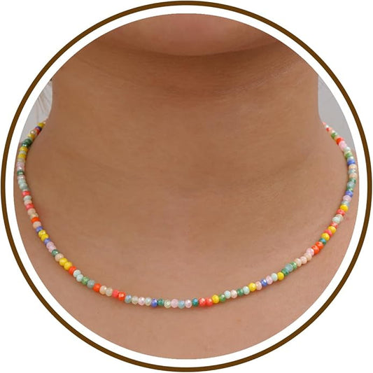JSJOY Tiny Crystal Beaded Choker Necklaces for Women Colorful Beaded Necklace Dainty Choker Necklaces Simple Boho Jewelry Gifts for Teens Handmade Bead Necklaces Gifts