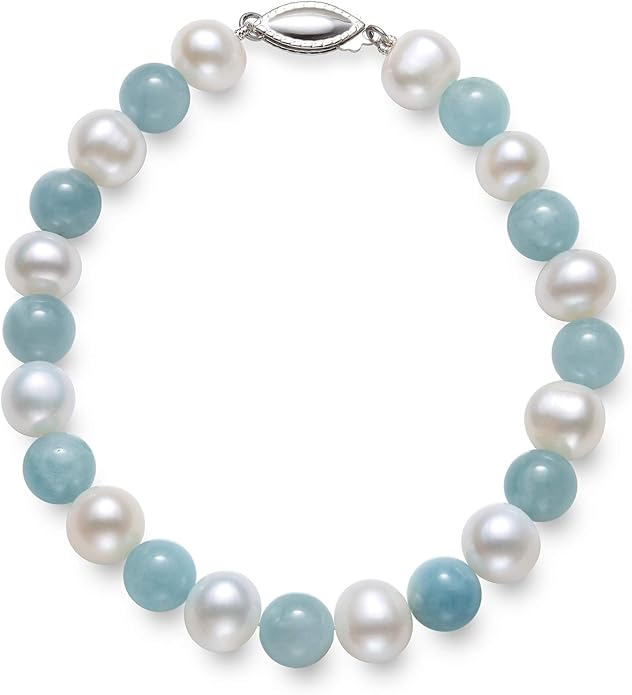 Belacqua Cultured Freshwater Pearl and Natural Milky Blue Aquamarine Gemstone Bracelet in Sterling Silver, Length - 7.5 Inches, Fishhook Clasp, Real Pearl Jewelry for Women, Gift Box Included