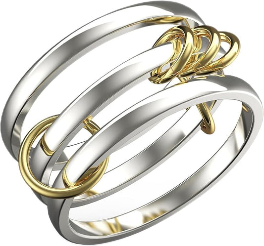 Stackable Rings For Women Non Tarnish,Two-Tone 18K Gold Silver Mixed Metals Interlocked Ring, Cubic Double-Layer Zirconia Interlocked Fashion Accessories Jewelry, Special Statement Ring Set Gifts For Women