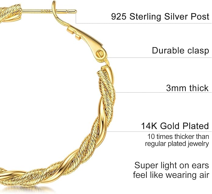 AllenCOCO Gold Hoop Earrings for Women, 18K Gold Plated Twisted Rope Design, Textured Thin Round Hoops with Sterling Silver Post Hypoallergenic 20-70mm