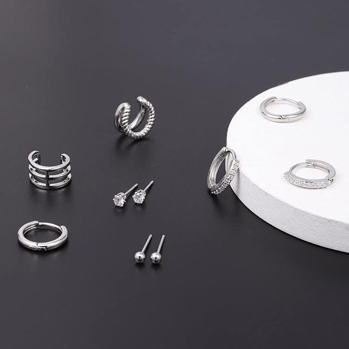 Stud Earrings for Women Hypoallergenic Sterling Silver Post Hoop and Studs Earrings Set for Multiple Piercing Small Ball Cubic Zirconia Earring Studs for Women Trendy Jewelry Gifts（6 Pairs）