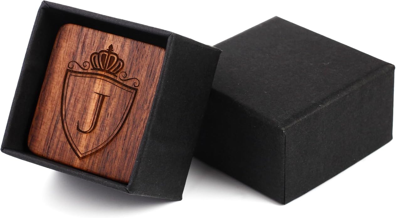 Mens Initial Silver Cufflinks A-Z Alphabet Letter Steel Cuff Links with Engraved Walnut Wood Box Groom Groomsman Wedding Set…