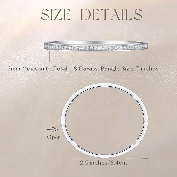 Moissanite Bangle Classic Tennis Bracelet Fine Jewelry D Color VVS1 Round Moissanite Birthday Mothers Day Gift for Women, Length 7.1 Inch Width 3mm