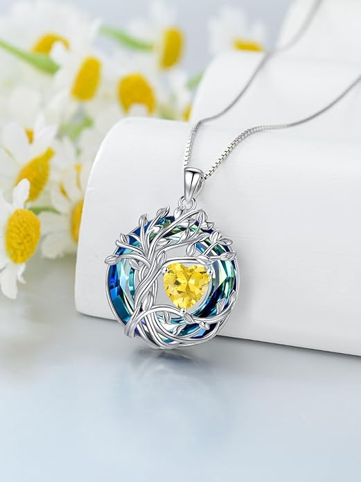 TOUPOP Christmas Gifts Tree of Life Birthstone Necklace 925 Sterling Silver Pendant Austrian Crystal Jewelry Anniversary Birthday Gifts for Women Mom Her Wife