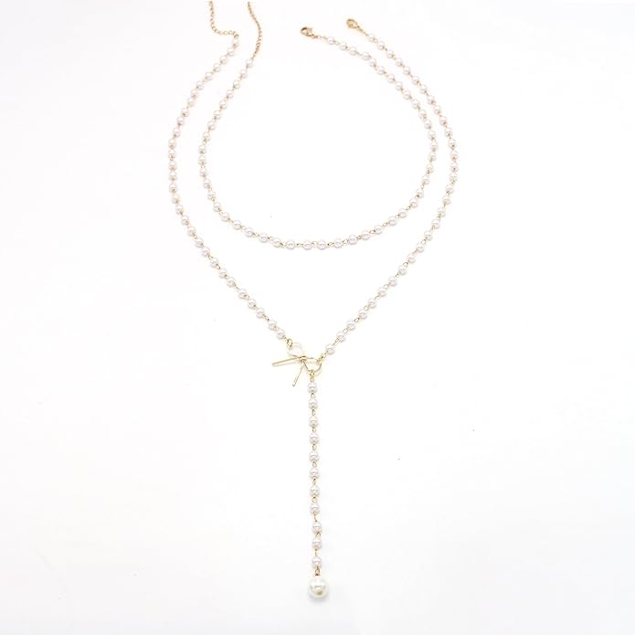 Layered Pearl Choker Necklaces for Women Gold Plated Dainty Trendy Faux Pearl Drop Pendant Y Shaped Layered Gold Necklace Wedding Bridal Jewelry