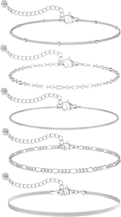 MBW 14K Silver Plated Bracelets for Women, Dainty Silver Bracelets for Women Set Bracelet Stack Waterproof Jewelry for Women Trendy Minimalist Simple Small Thin Bracelet Set for Women Teen Girls Gift