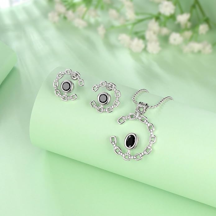 Ydou Elegant C-Shaped Crystal Necklaces/Stud Earrings Set with Birthstone Jewelry Set Silver Plated Fashion Jewelry for Women CS0003