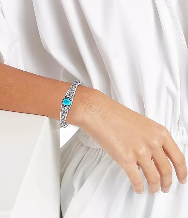 Christmas Jewelry Gift for Women-Genuine Turquoise Cuff Bracelet, Sterling Silver Western Vintage Floral Bangle Native American Jewelry, For 6.5-7.5 Inch Wrists