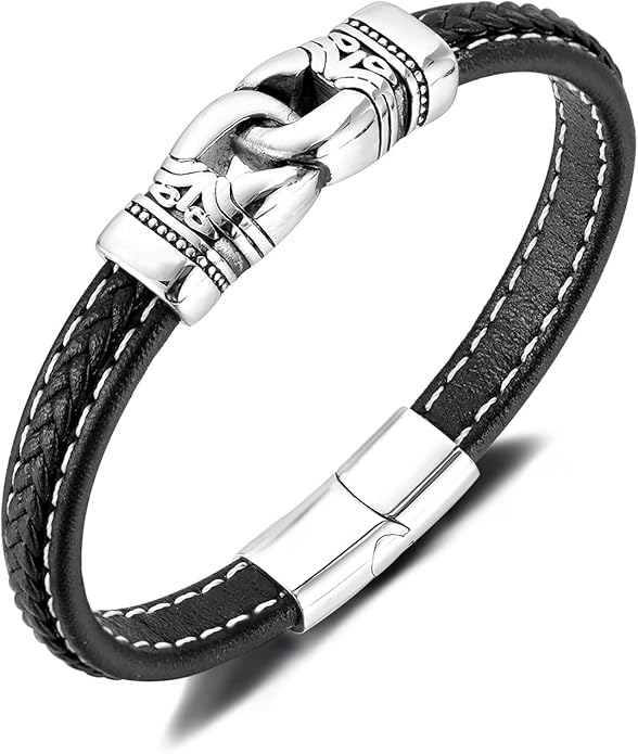 Italian Handmade Genuine Leather Bracelets for Men Stainless Steel Clip, Men's Casual Genuine Multi-layer Cuff Bracelet, Bracelet Gift for Real Men