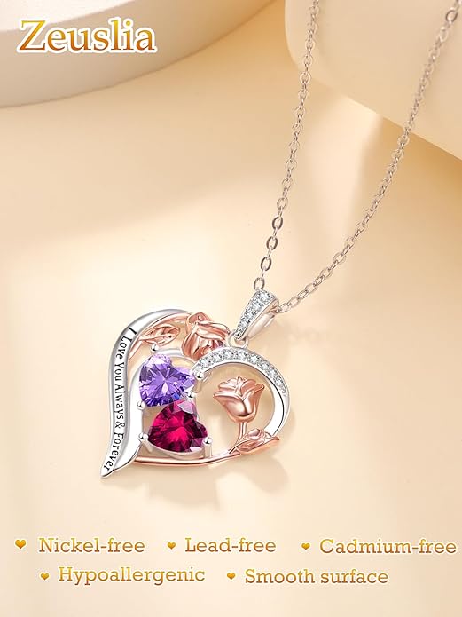 Zeuslia Double Birthstone Necklace Gifts for Wife - 925 Sterling Silver Sunflower/Rose/Crown Cross/Compass/Heart Pendant I Love You Necklace, Anniversary Birthday Gifts for Wife Girlfriend Mom Her