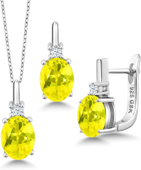Gemstone Birthstone and White Created Sapphire Pendant and Earrings Jewelry Set for Women in 925 Sterling Silver | Oval 8X6MM and Round 2.5MM | With 18 Inch Chain | Fine Jewelry for Her Mom Women Wife