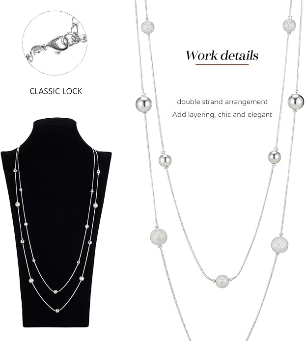 Silver Layered Long Necklace for Women Pearl Crystal Sweater Strand Chain Necklaces Fashion Gifts