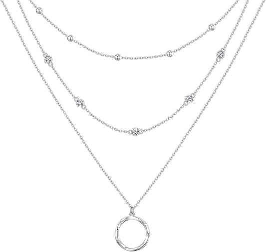 Layered Necklaces for Women S925 Sterling Silver Chokers Necklace for Women Circle/Heart/Double Circle/Cross/Star/Evil Eye Necklace Handmade Bead Necklaces Adjustable