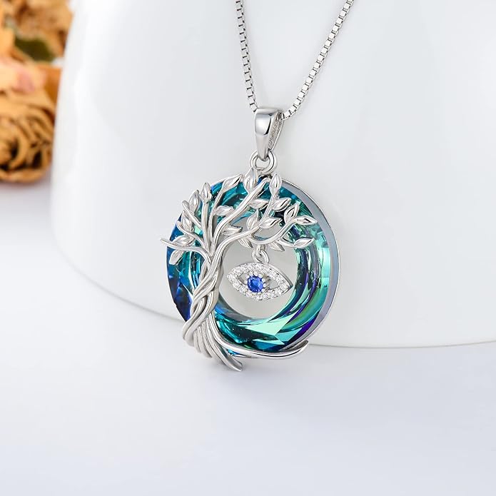 TOUPOP Evil Eye Necklace 925 Sterling Silver Tree of Life Circle Crystal Pendant Necklace Protection Jewelry Amulet Christmas Gifts for Women Her
