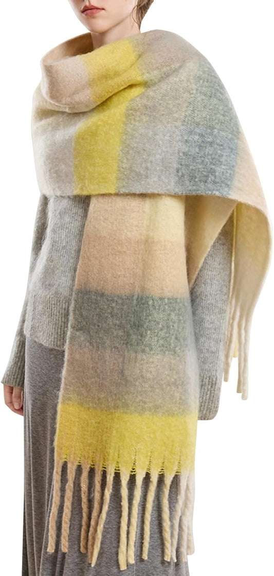 SHOHOKU Large Chunky Plaid Scarf Coloured Checked Oversized Scarf Tassel Soft Fall Winter Thick Warm Shawl Women