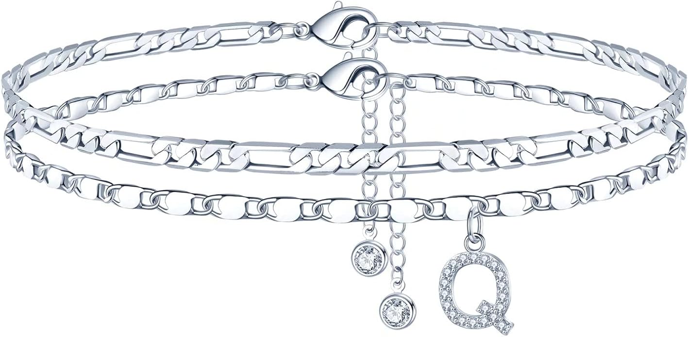 Ursteel Ankle Bracelets for Women, 14K-Gold-Plated Dainty Layered Chain CZ Initial Anklets Set Summer Jewelry Gifts for Women