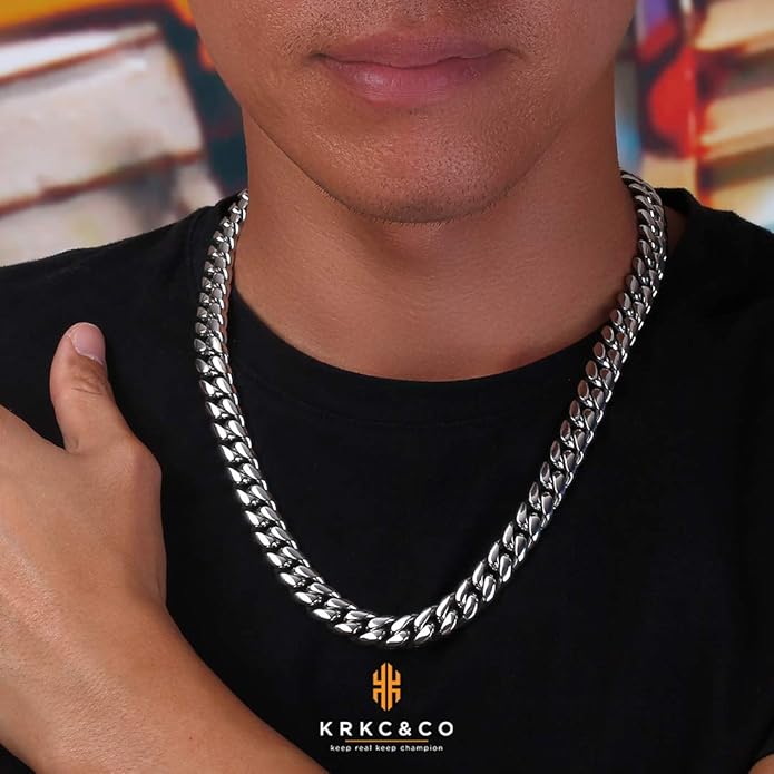KRKC&CO Cuban Link Chain for Men 8/10/12/14mm, Brithday Gift for Men, 18k Gold Miami Necklace, Durable, Anti-Allergies Hip Hop Jewelry for Mens