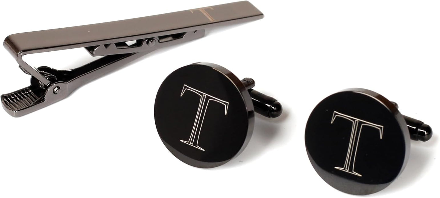 Mens Initial Cufflinks and Tie Clip A-Z Alphabet Letter Black Stainless Cuff Links Tie Bar with Engraved Walnut Wood Box Groom Groomsman Wedding Set