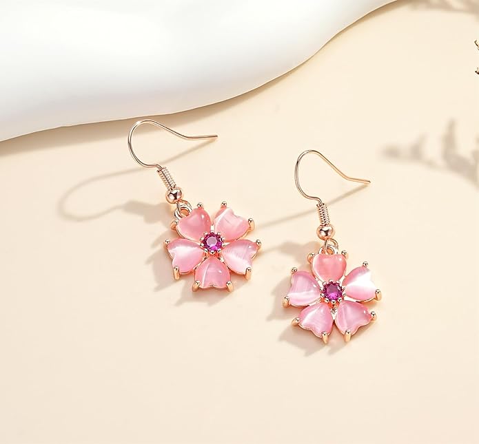 VONSSY Elegant Cherry Blossom Necklace Earrings Pink Cats Eye Flower Flora Sakura Gemstone Crystal Pendant 18k Gold Plated Chain Jewelry Set Gift for Woman Wife Girlfriend
