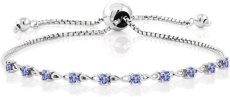 Gem Stone King Round Gemstone Birthstone Tennis Bracelet For Women | 925 Sterling Silver | 2.5MM Round | Fits Up To 9 Inch Wrist | Adjustable Bolo Bracelet For Women | Easy-On Easy-Off