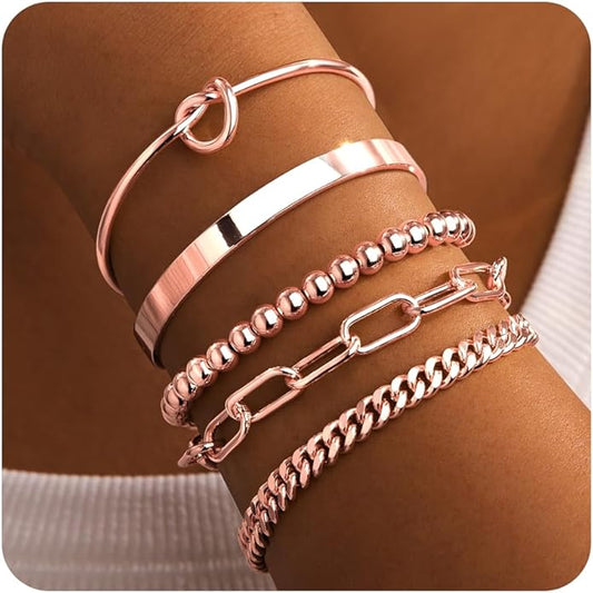 Gold Bracelets for Women Non Tarnish, 14K Gold Plated Chunky Cuff Bracelet Gold Bangles Bracelet for Women Trendy Tie Knot Cuban Rope Paperclip Beaded Bracelet Stack Jewelry Gifts