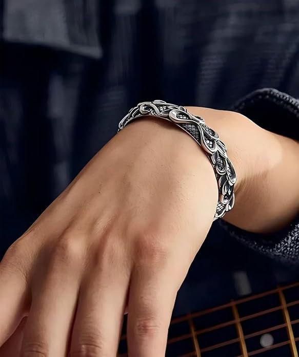 Kim Carrey S925 Sterling Silver Bracelet, Open Bangle Cuff Design, Men's Stacked Bracelets Gift Jewelry for My Man