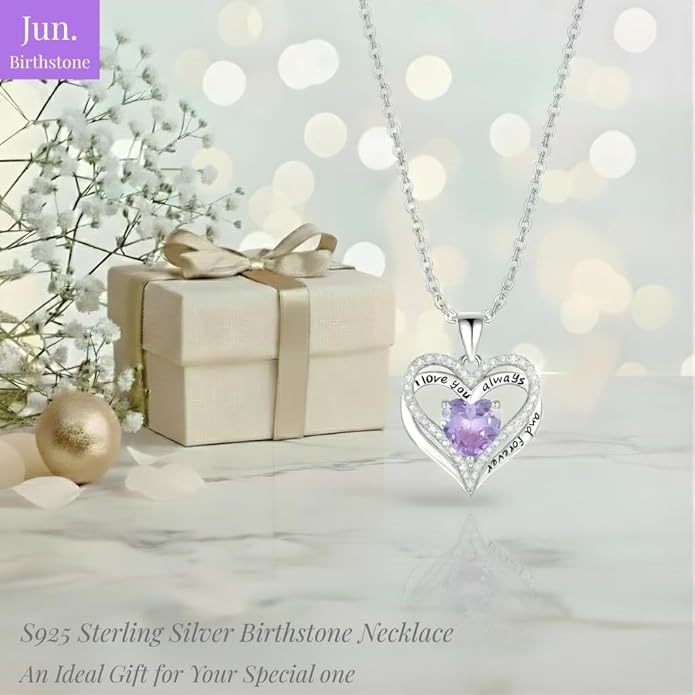 Birthstone Heart Necklace for Women Wife Girlfriend Mom Daughter Gifts S925 Silver Jewelry For Anniversary Rose Gold Gifts For Birthday Christmas Mothers Valentines Day