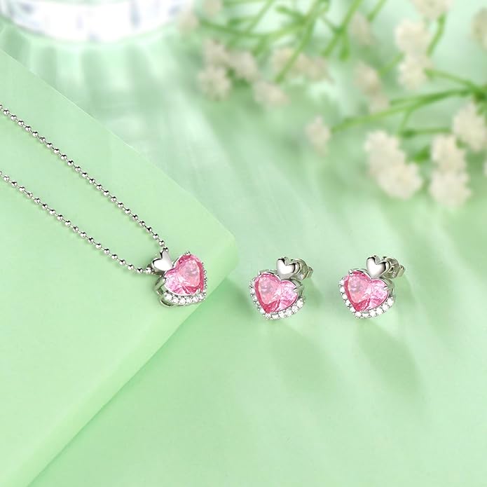 Ydou Love Heart Necklaces and Earrings with Rose Cut Birthstone Silver Plated Elegant Jewelry Set for Women CS0002