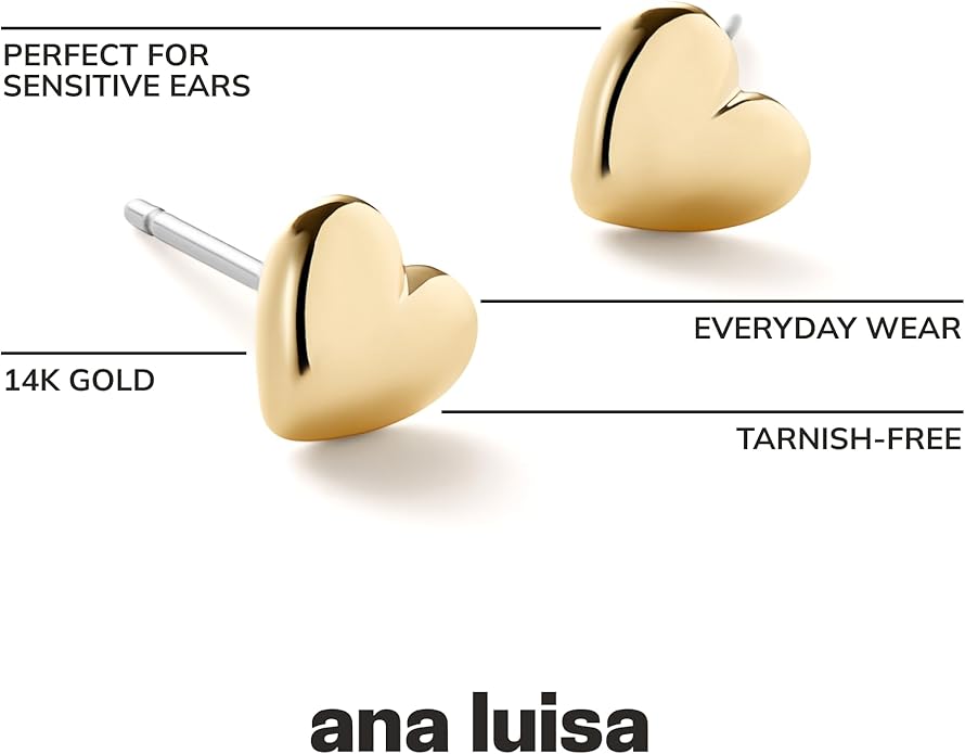 Ana Luisa Puffed Heart Earrings - Heart Charm Huggie Hoops and Earring Stud Styles - Dainty 14K Gold Plated, Silver Rhodium Plated & Mixed Metal Silver & Gold Earrings - Hypoallergenic Water-Resistant