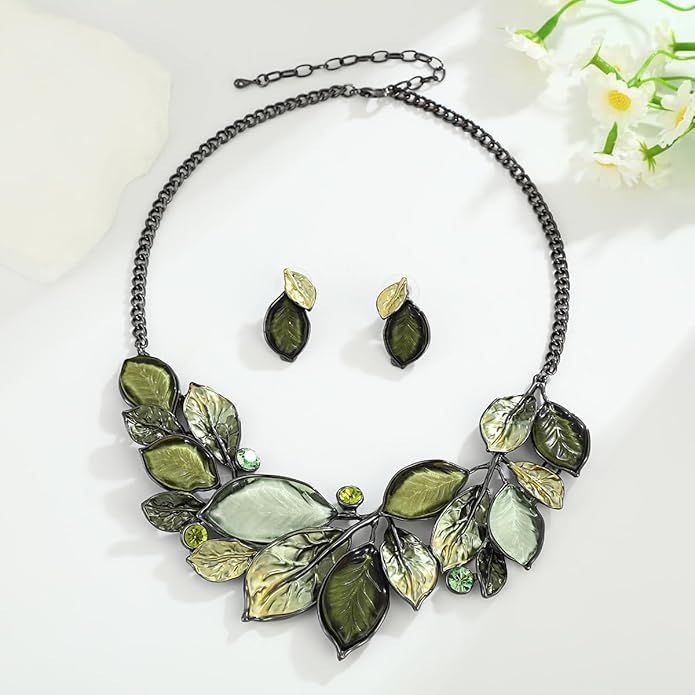 Vintage Chunky Statement Jewelry Set Retro Leaf Floral Geometric Bohemian Boho Bib Necklace Earring Set Fashion Costume Jewelry for Women Girls Wedding Party Prom Unique Gift