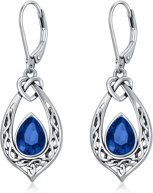 Celtic Knot Dangle Earrings 925 Sterling Silver Oxidized Vintage Drop Leverback Earrings with 8 * 6mm Simulated Birthstone Crystal Christmas Jewelry Gifts for Women (Gift Box)