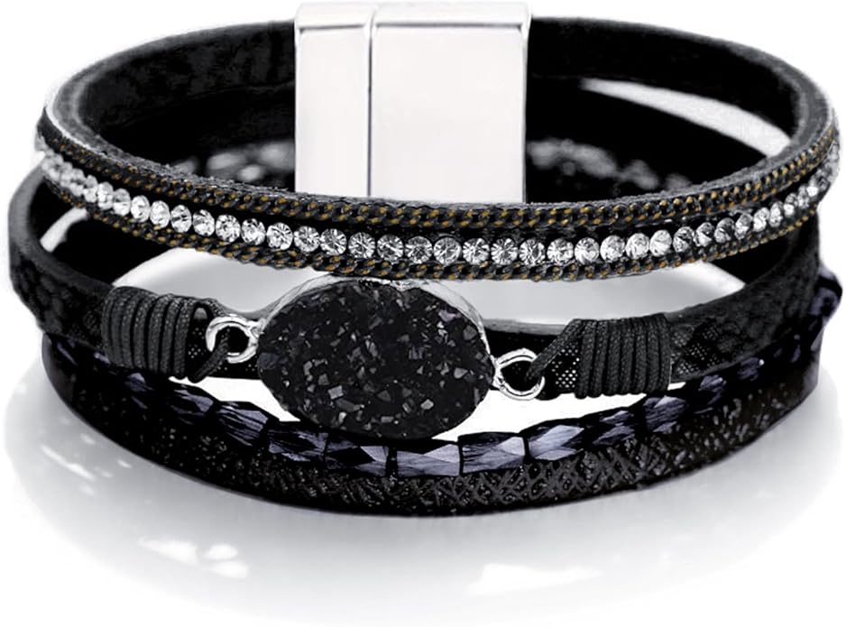 Fesciory Leopard Bracelet for Women, Boho Leather Wrap Multi-Layer Pearl Crystal Bracelet Bangle Jewelry