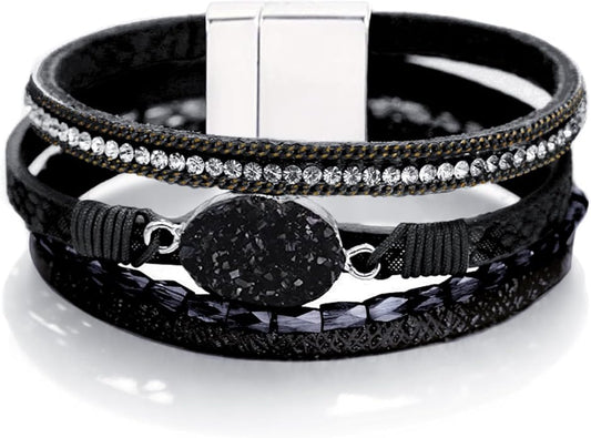 Fesciory Leopard Bracelet for Women, Boho Leather Wrap Multi-Layer Pearl Crystal Bracelet Bangle Jewelry