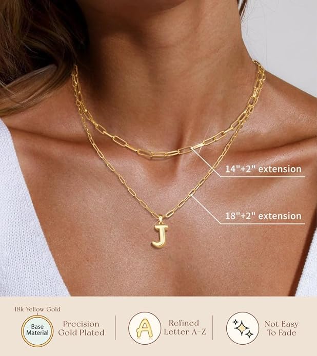 adoyi Gold Necklace for Women Layered Bubble Heart Letter Initial Necklaces for Women Trendy Jewelry 14K Gold Plated Chain Chunky Name Necklace Stack Charm A-Z Pendant Set Jewelry Gifts