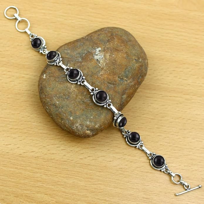 Round Shape Natural & Synthetic Gemstones Silver Plated Bracelets for Women - Vintage Bohemian Style Handmade Birthstone Adjustable Link Bracelet Jewelry Gifts for Wedding Anniversary Mother's Day