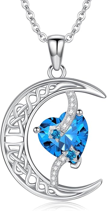 TOUPOP Moon and Star Birthstone Necklace for Women 925 Sterling Silver Celtic Moon Jewelry Birthday Christmas Gifts for Her Girlfriend