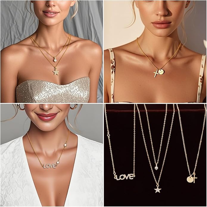 HaHaGirl Golden Collection Fashion Jewelry Set Stocking Stuffers, Layered Necklaces, Bracelets, Earrings, Rings, Modern Contemporary Style for Women