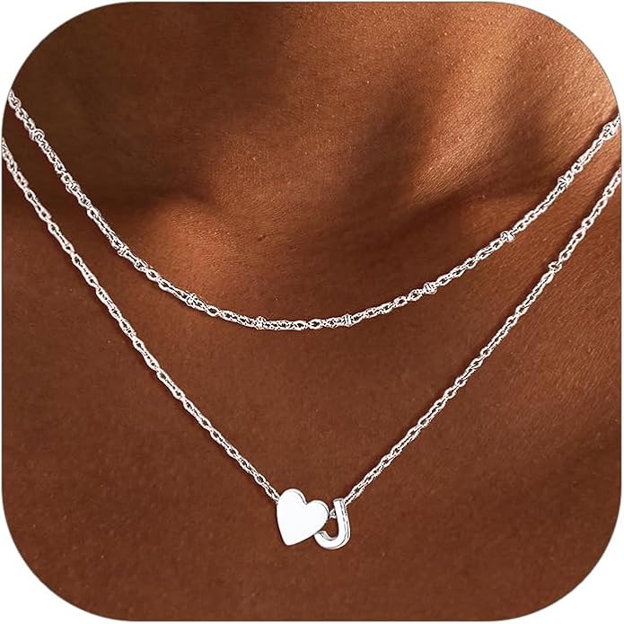 FOCALOOK Layered Initial Necklace for Women, 14K Gold Plated Choker Necklaces Stacks with Initial A-Z, Dainty Silver Heart Pendant Necklace Personalized Birthday Women Jewelry