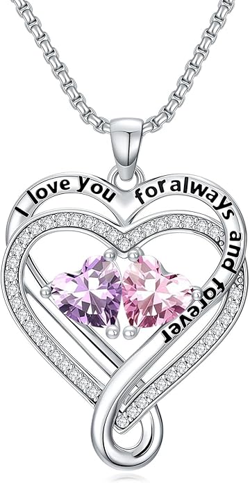 I Love You for Awlays and Forever Double Heart Necklace with Birthstone, 2 Birth Stone Jewelry Anniversary Valentines Mothers Day Christmas Birthday Gifts for Women Her Wife Girlfriend Mom Mother